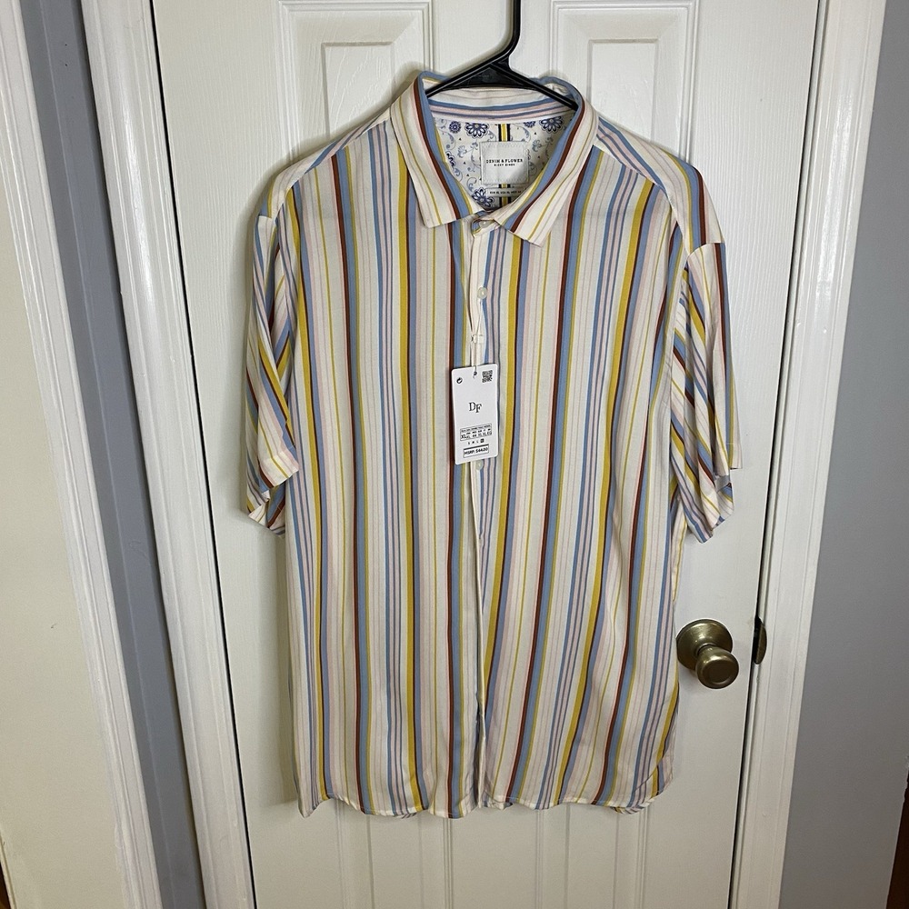 Denim & Flower Shirt Mens XL Multicolor Vertical Stripe Viscose Short Sleeve NWT